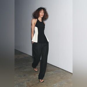 Zara Black and White Halter Top with Wide Leg Pants